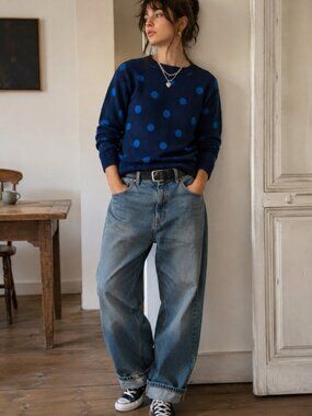 Denver Hayes Navy Blue Polka Dot Sweater | Blue Dot Knit Pullover Cozy Size L